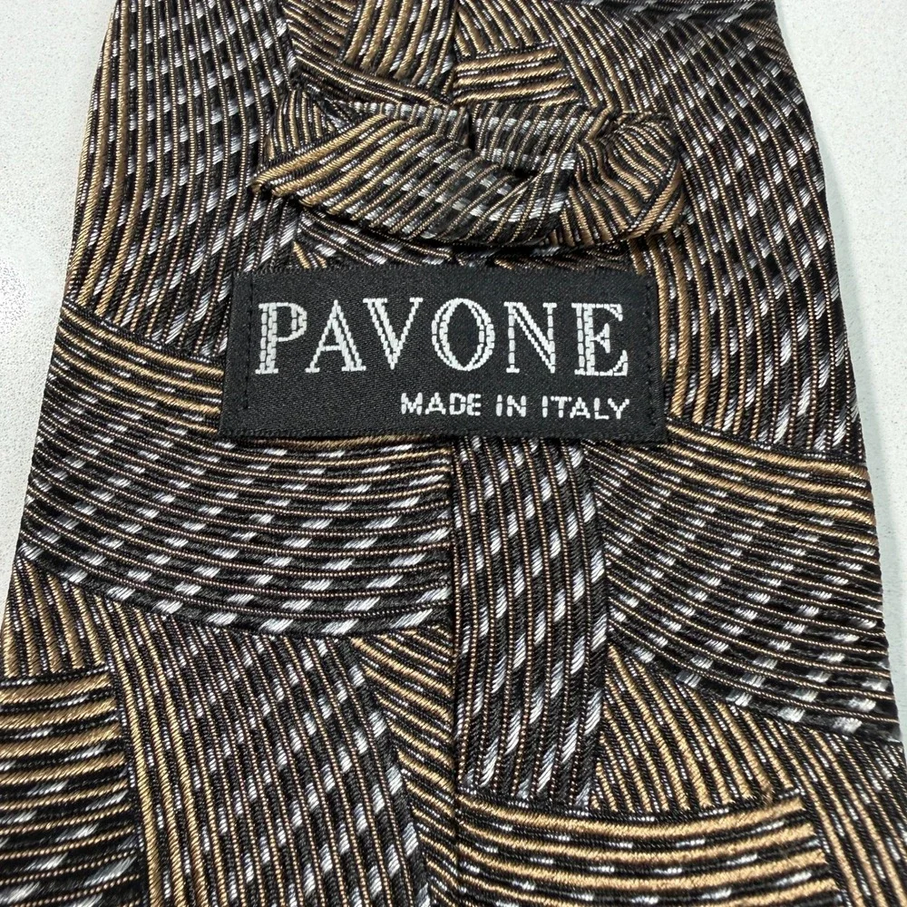 Pavone Mens Silk Tie Brown Bronze Geometric Woven Made in Italy Classic Wide Tie
